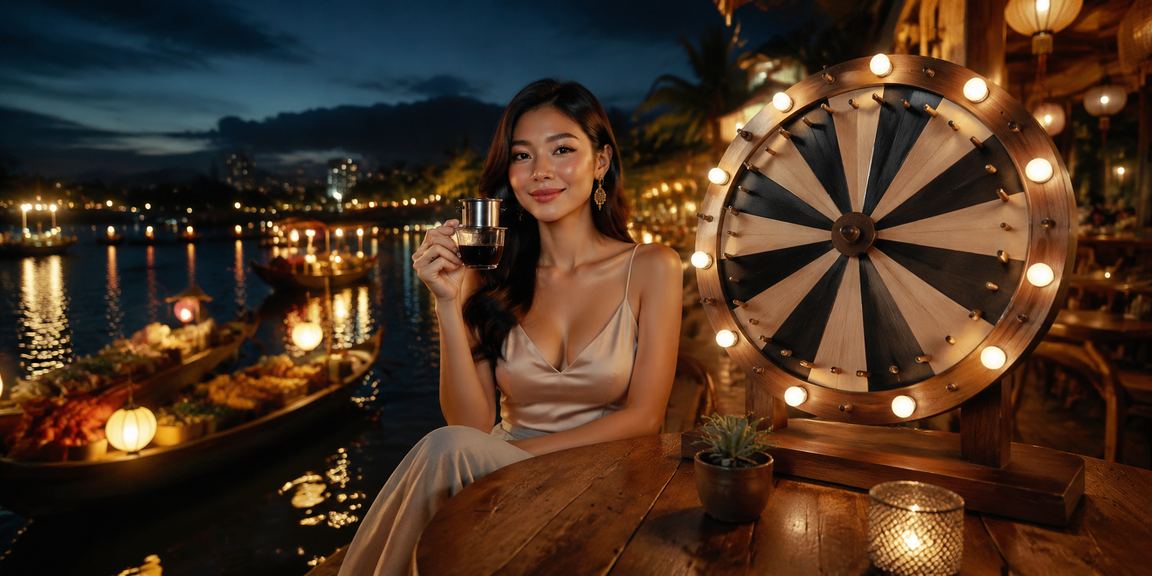 Người dùng tại Nha Trang ngồi uống cà phê và tham gia chương trình quay thưởng may mắn trên điện thoại